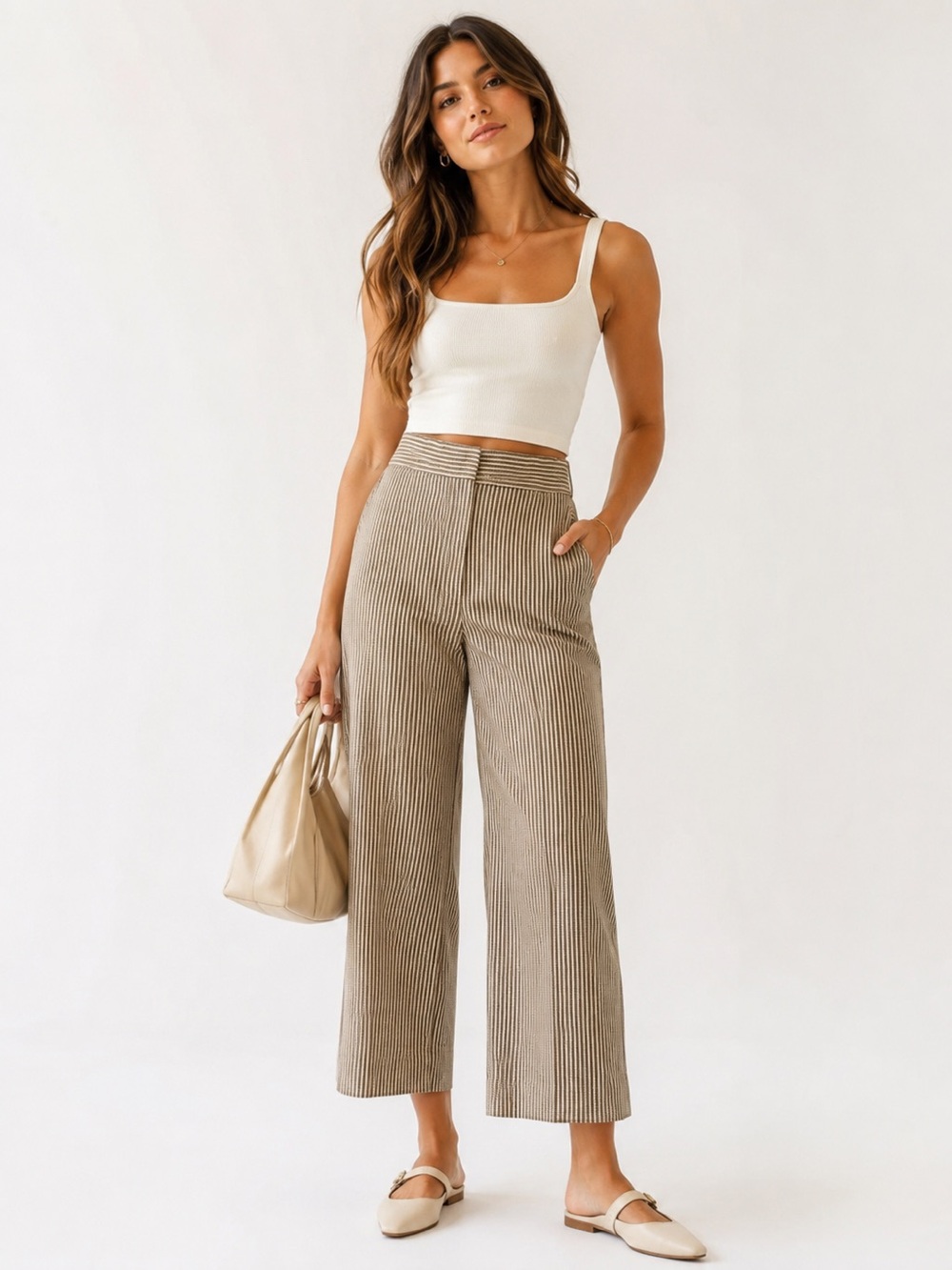 Lafayette 148 Cotton/Linen Tan Pinstripe High Waisted Cropped Pants Sz. 6